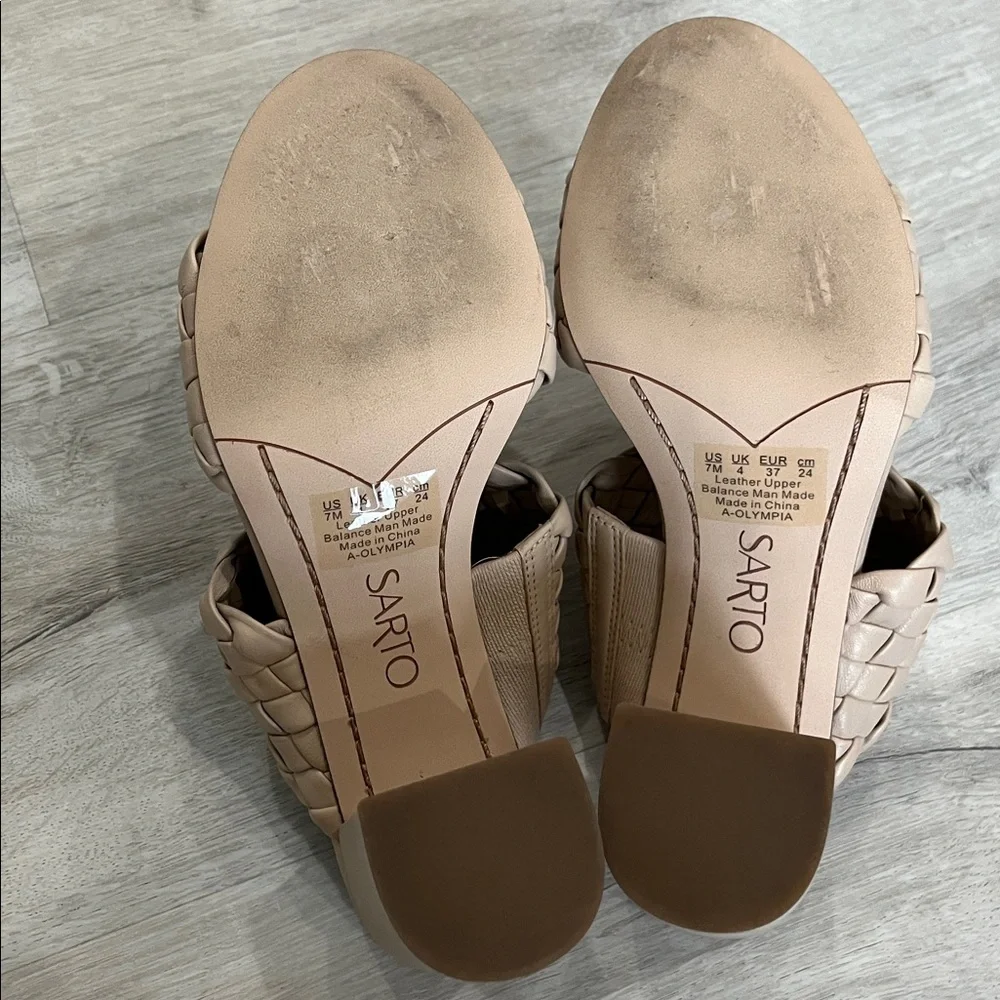 Sarto Braided Block Heel Sandals Beige Leather Womens‎ 7 Wedding Classic Chic